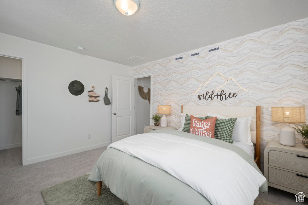 Carpeted bedroom featuring baseboards, a spacious closet, a closet, and a textured ceiling
