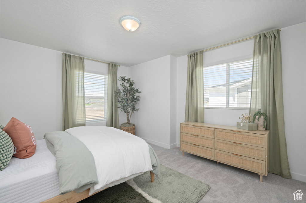 Bedroom with multiple windows, light carpet, and baseboards