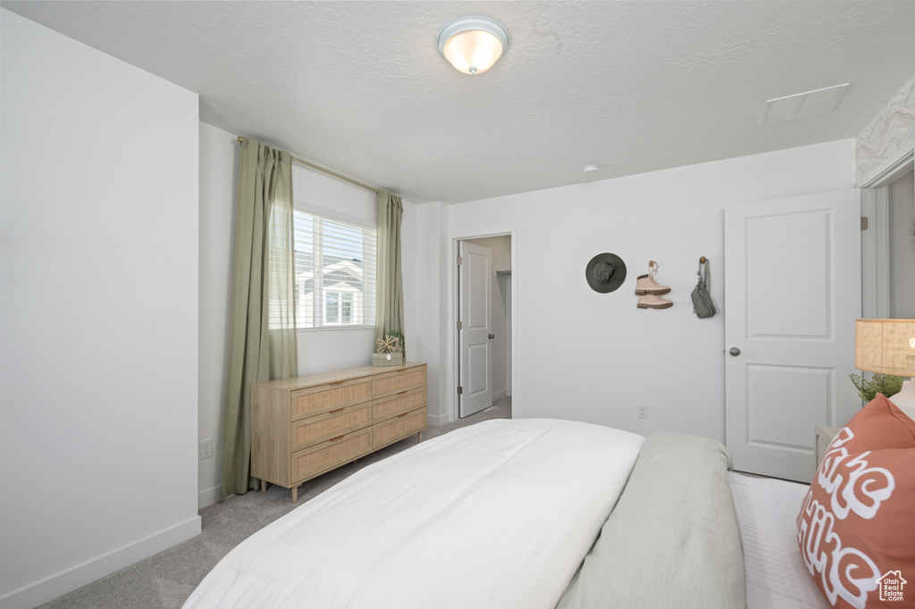 Bedroom with light colored carpet, baseboards, and a textured ceiling