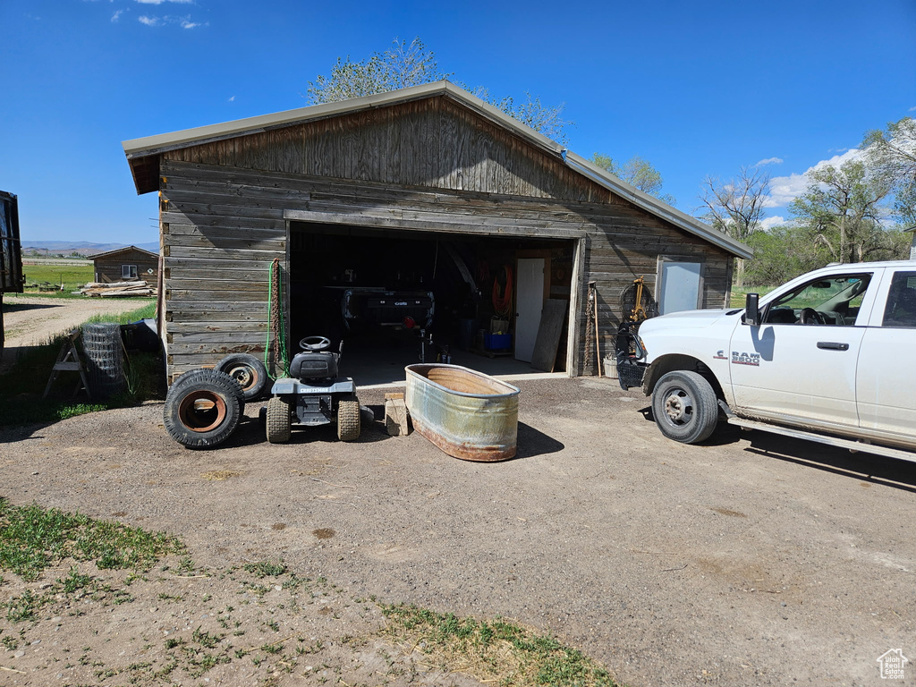 View of detached garage