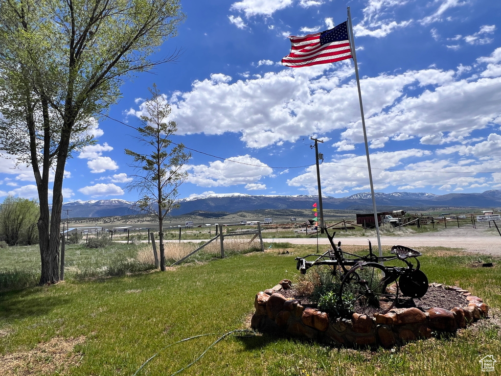 View of grassy yard with a mountain view and a rural view
