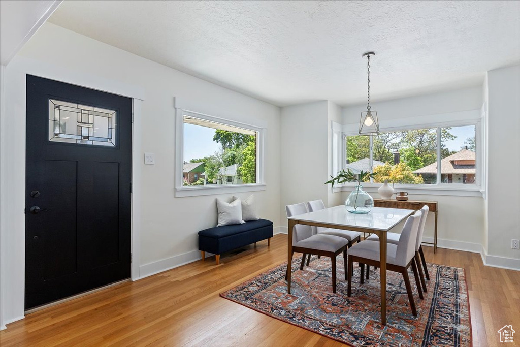 Dining room with wood finished floors, baseboards, and a textured ceiling