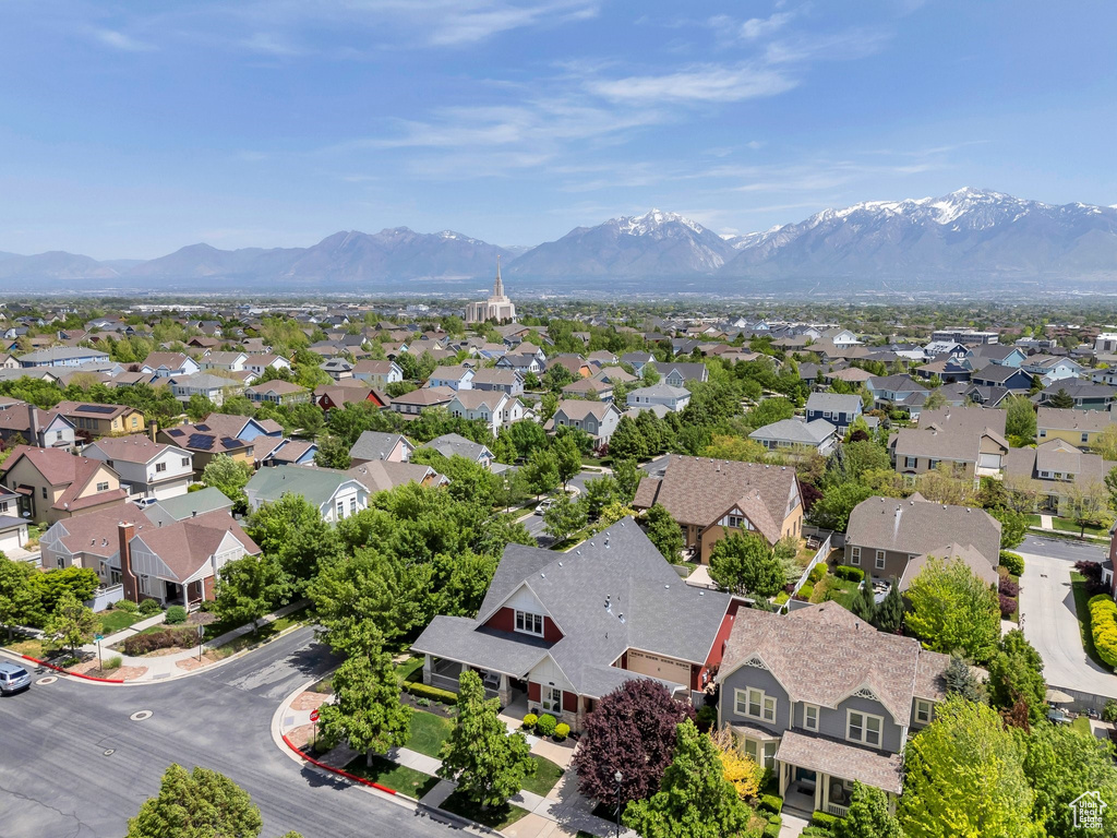 Aerial perspective of suburban area featuring mountains