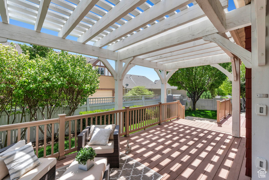 View of patio / terrace with an outdoor living space and a pergola