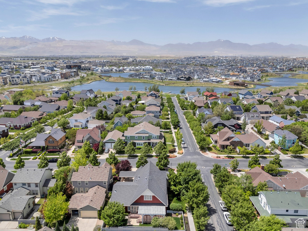 Aerial view of residential area with a water and mountain view