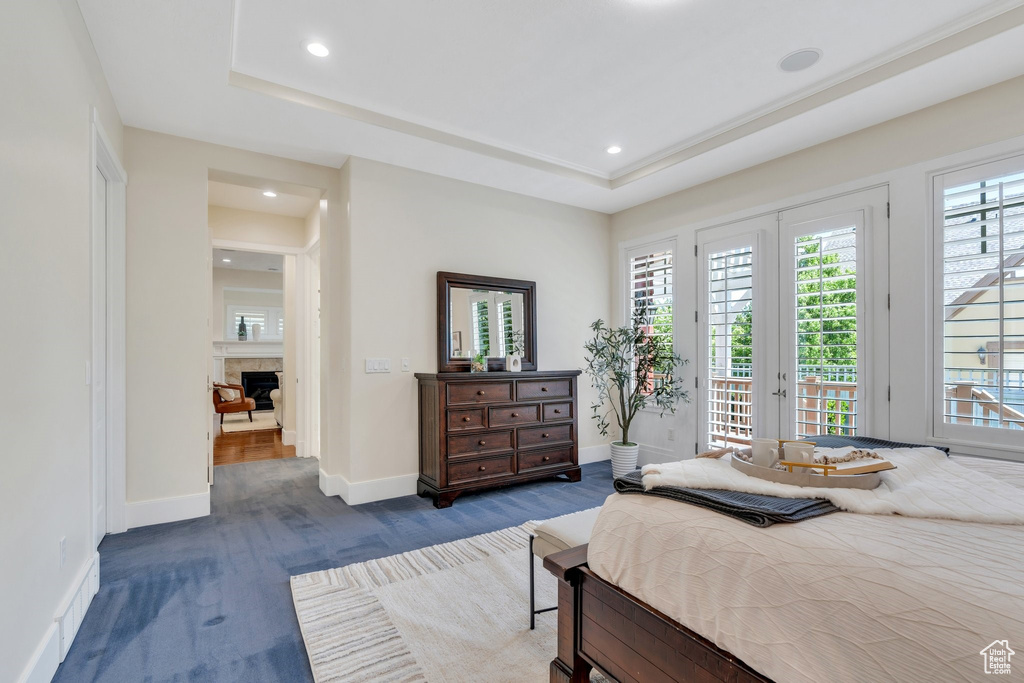 Bedroom with access to exterior, multiple windows, recessed lighting, baseboards, and a tray ceiling