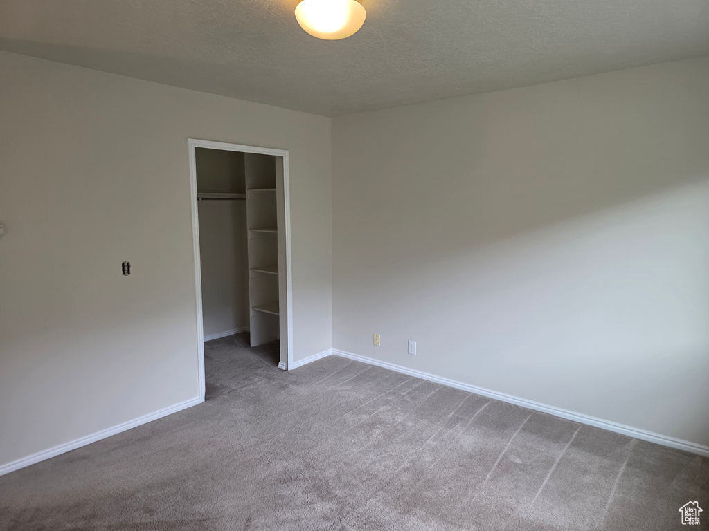 Unfurnished bedroom featuring carpet floors, baseboards, a closet, a spacious closet, and a textured ceiling