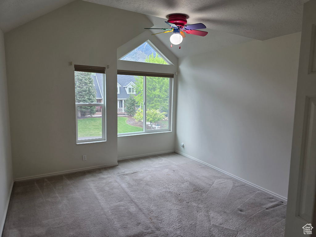Bonus room featuring ceiling fan, lofted ceiling, plenty of natural light, carpet, and baseboards