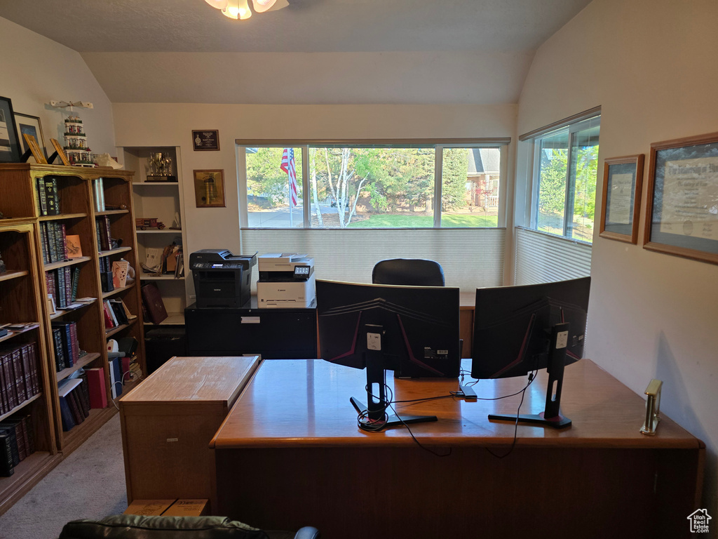Home office with lofted ceiling and carpet floors