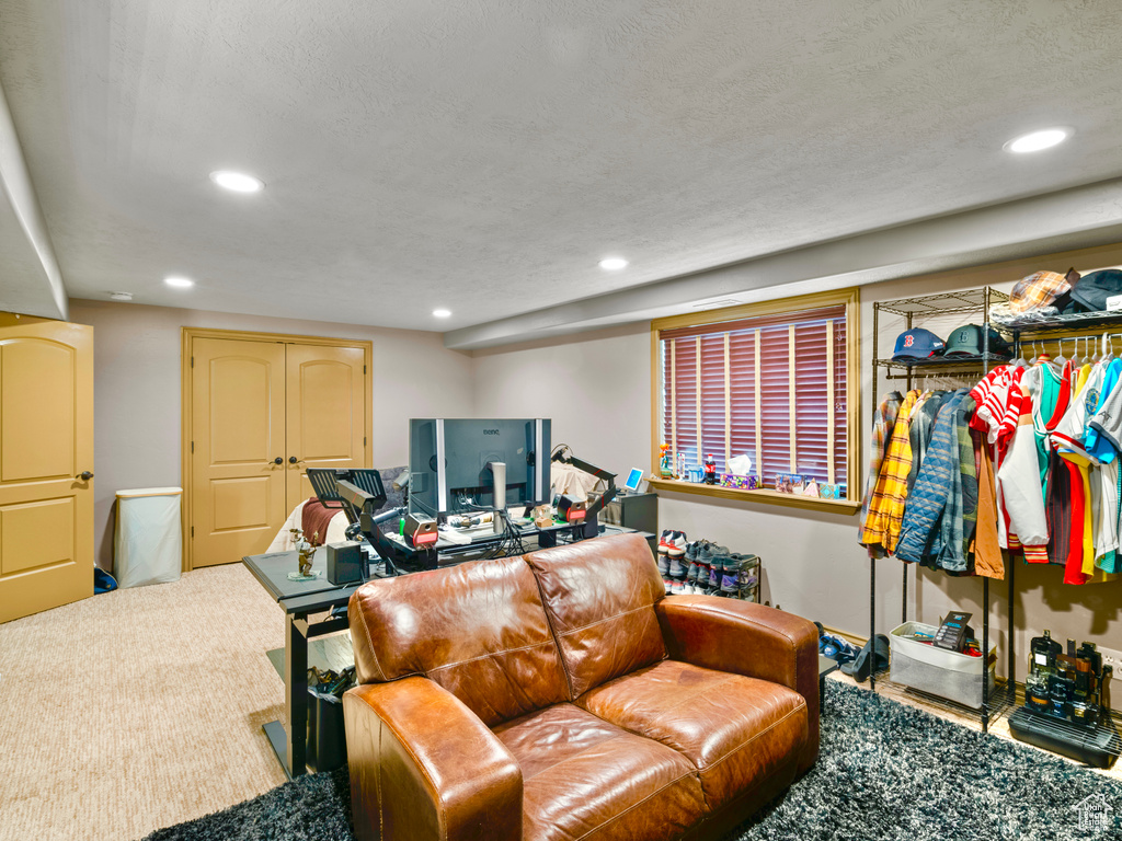 Living room featuring recessed lighting and carpet