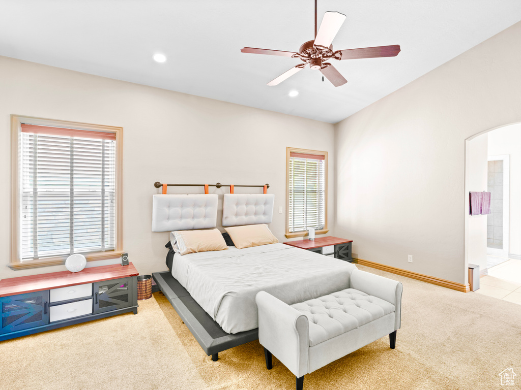 Bedroom with carpet, recessed lighting, baseboards, connected bathroom, and a ceiling fan