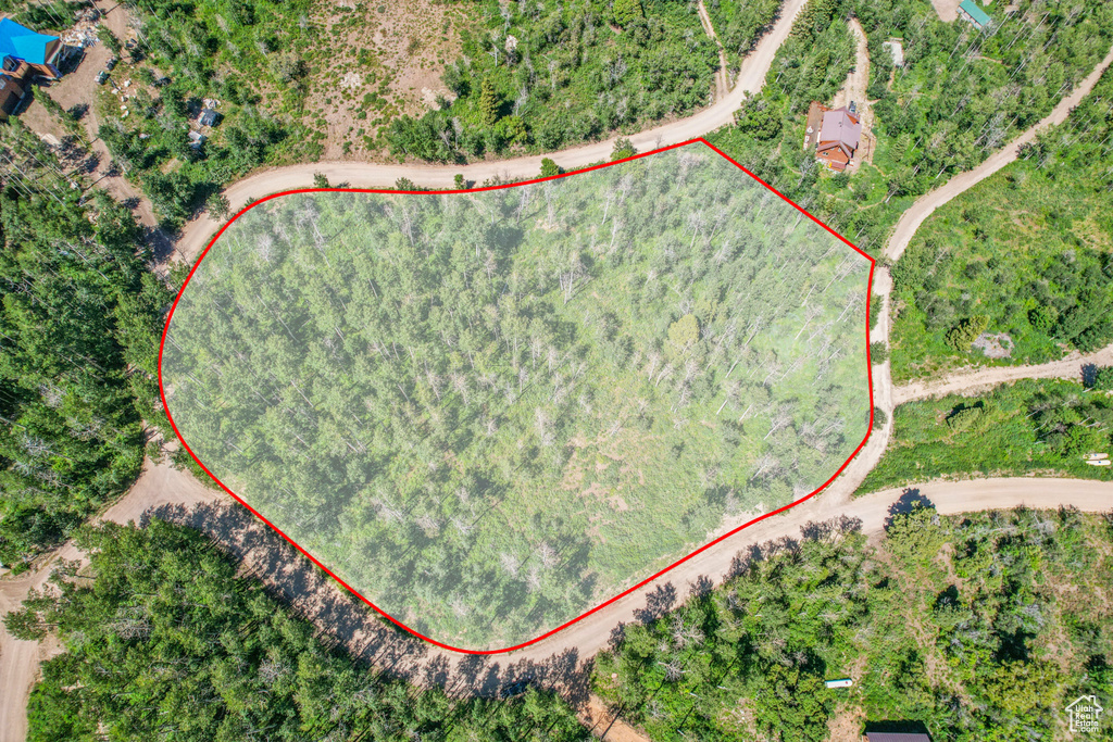 Aerial overview of property's location featuring property boundaries highlighted