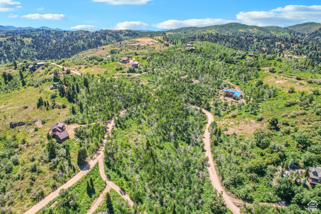 Aerial overview of property's location featuring a mountainous background and a heavily wooded area