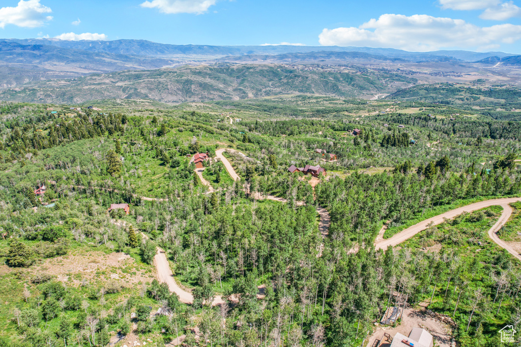 Drone / aerial view of mountains and a heavily wooded area