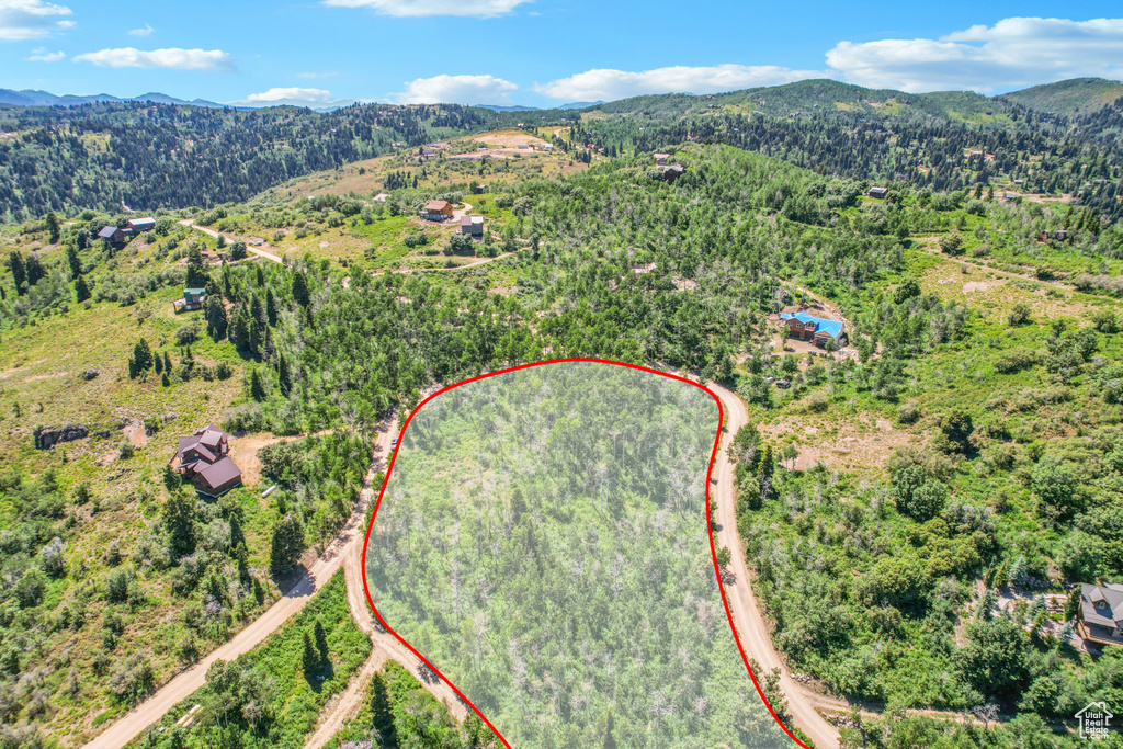 Bird's eye view of mountains and a heavily wooded area