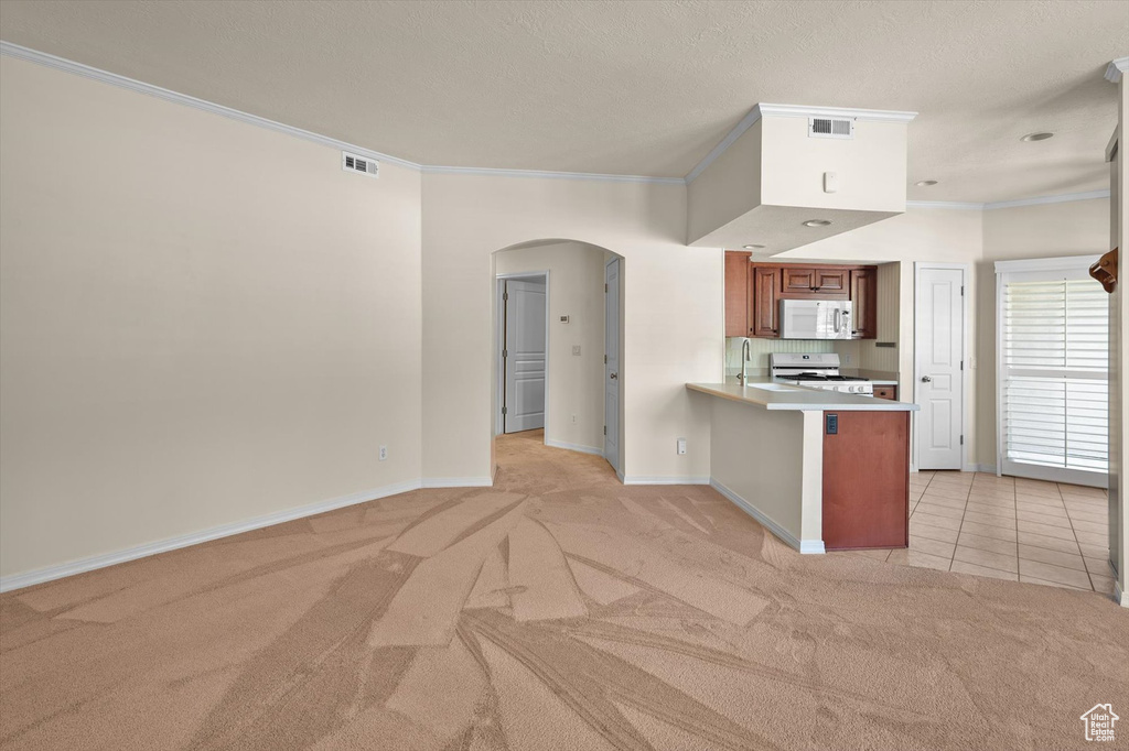 Kitchen with white appliances, light carpet, arched walkways, ornamental molding, and baseboards