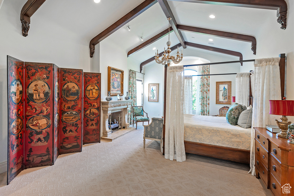 Bedroom with recessed lighting, carpet flooring, a chandelier, and a premium fireplace
