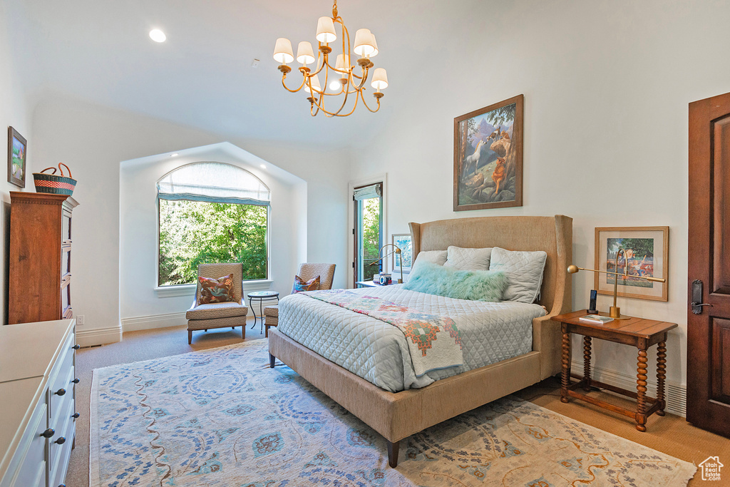 Bedroom featuring light carpet, a chandelier, vaulted ceiling, baseboards, and recessed lighting