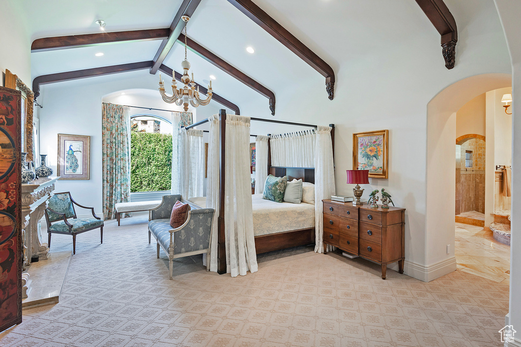 Bedroom featuring arched walkways, a chandelier, recessed lighting, and baseboards