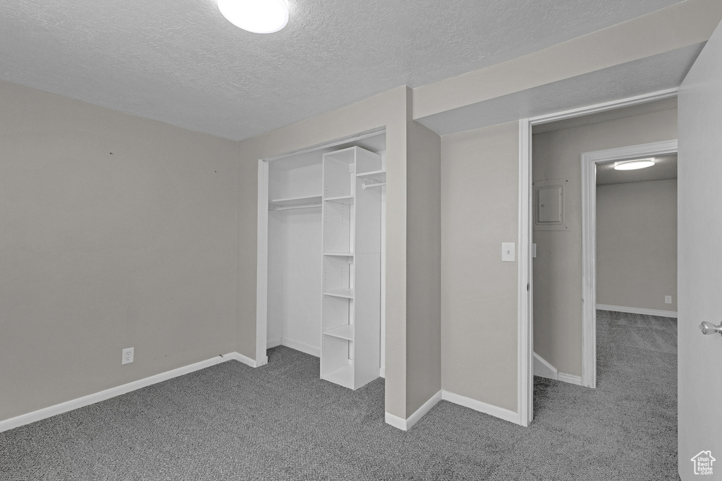 Unfurnished bedroom featuring carpet floors, a textured ceiling, baseboards, and a closet