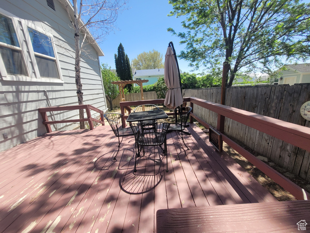 Wooden deck featuring outdoor dining space and a fenced backyard
