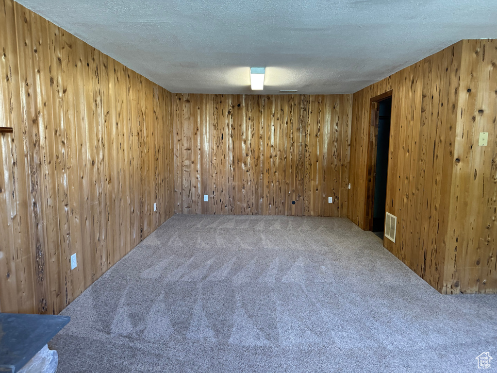 Carpeted empty room with a textured ceiling and wooden walls