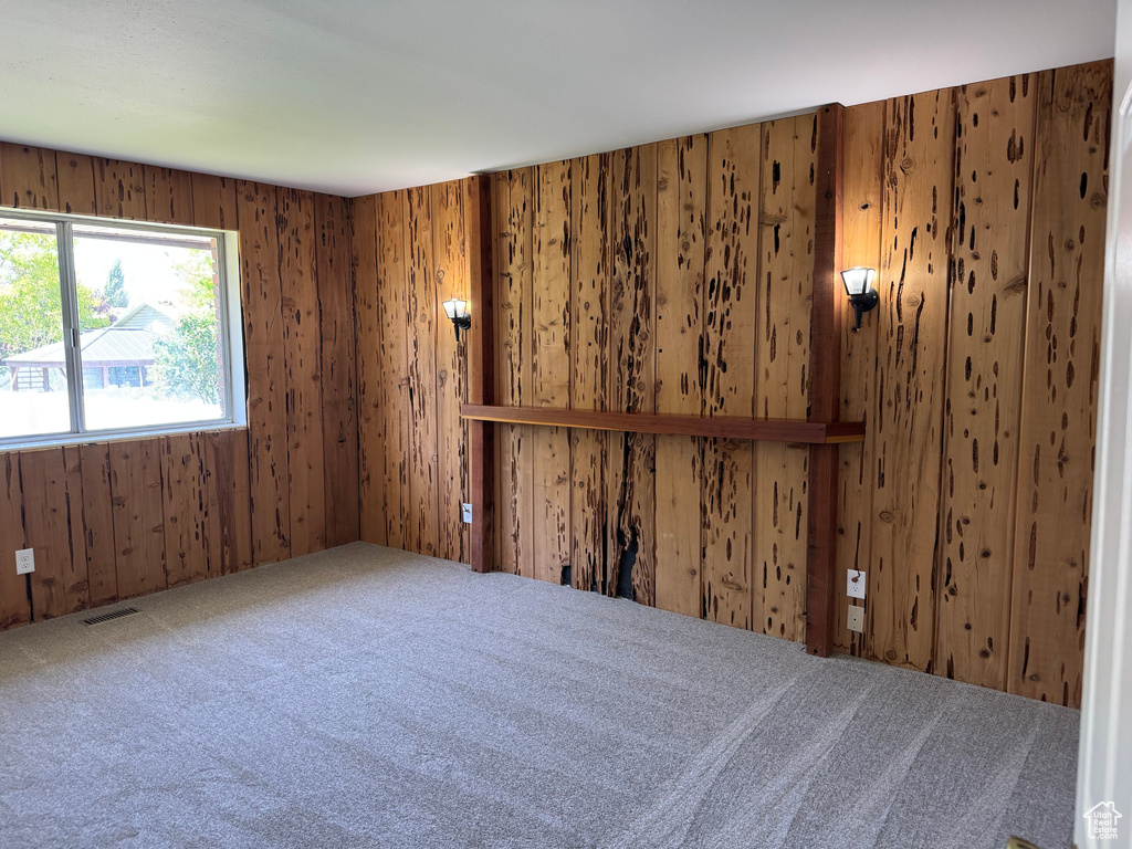Spare room with carpet flooring and wood walls