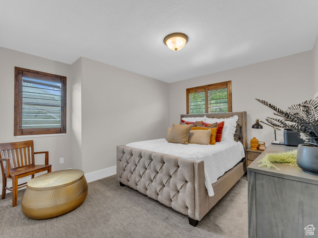Bedroom with light colored carpet and baseboards
