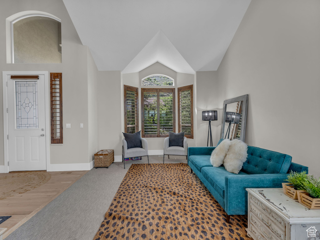 Living area featuring baseboards and vaulted ceiling