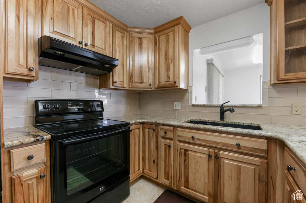 Kitchen with electric range, under cabinet range hood, a sink, tasteful backsplash, and light stone countertops