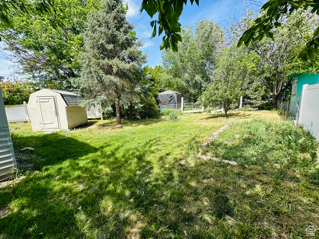View of yard featuring a storage shed and an outdoor structure