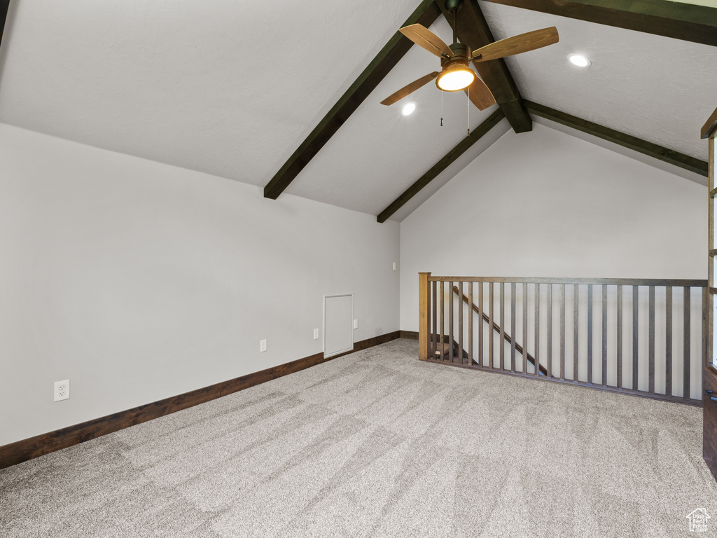 Bonus room with ceiling fan, carpet floors, baseboards, and recessed lighting