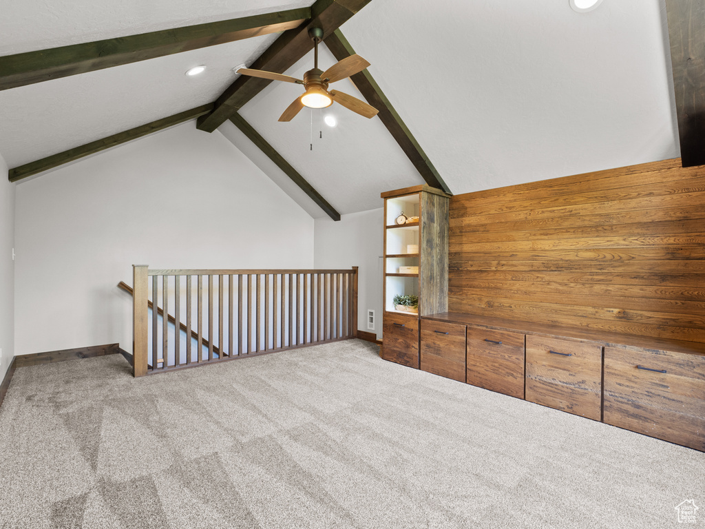 Bonus room with ceiling fan, recessed lighting, carpet, and baseboards