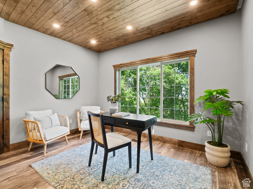 Home office featuring baseboards, wood ceiling, recessed lighting, and wood finished floors
