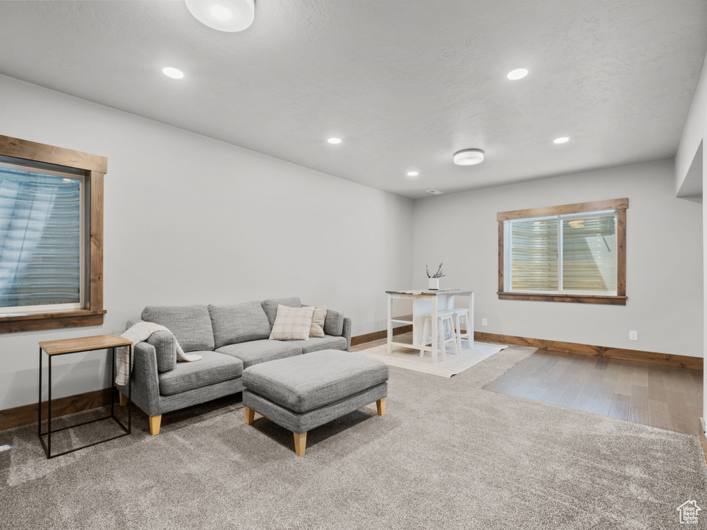 Living room featuring baseboards, wood finished floors, and recessed lighting