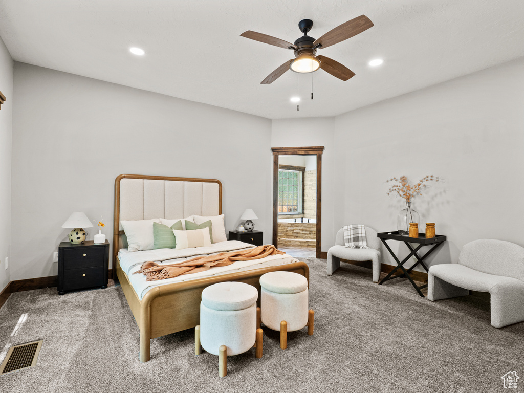 Bedroom with carpet flooring, baseboards, recessed lighting, and a ceiling fan