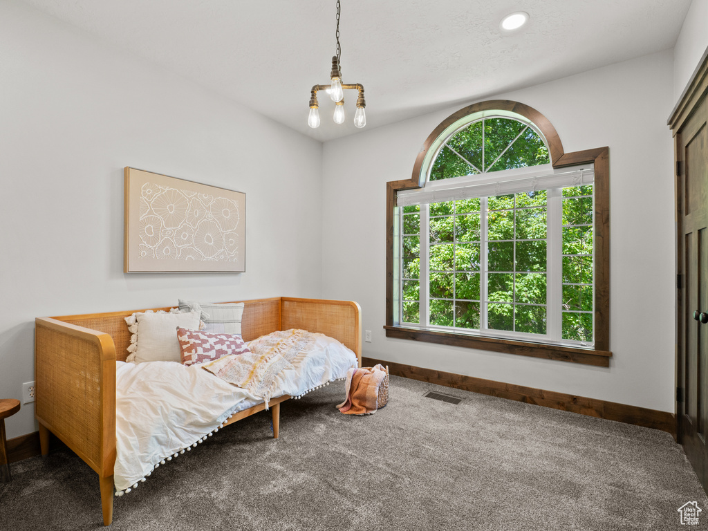 Bedroom with multiple windows, carpet, baseboards, and recessed lighting