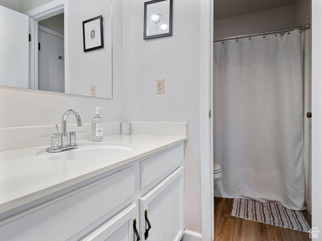 Full bath with wood finished floors, toilet, vanity, and a shower with curtain