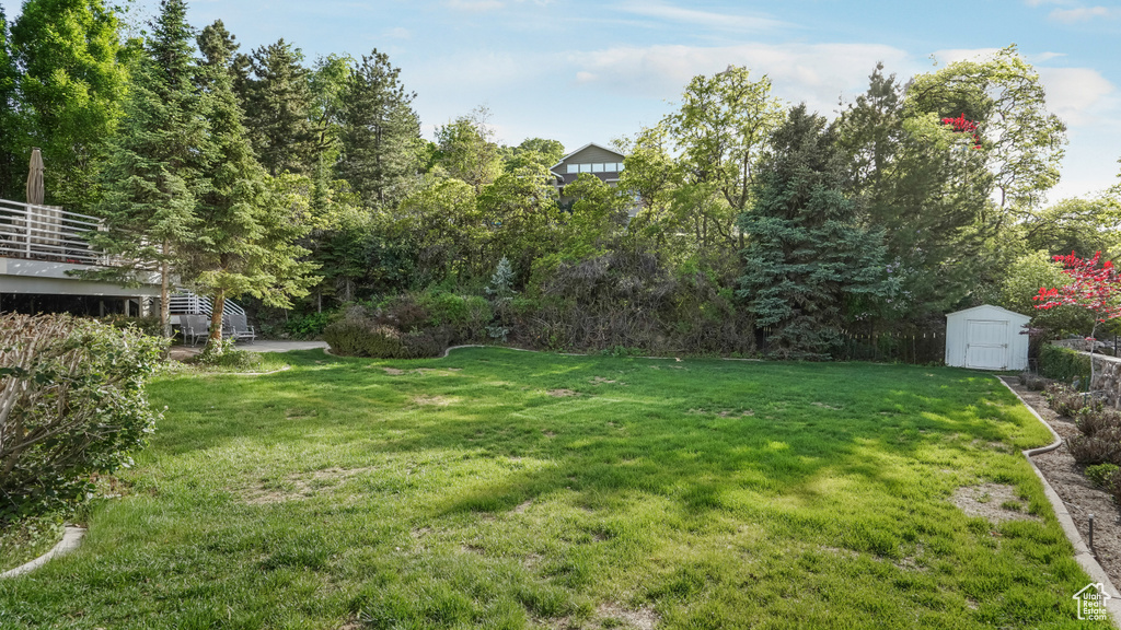 View of grassy yard featuring a storage unit and an outbuilding