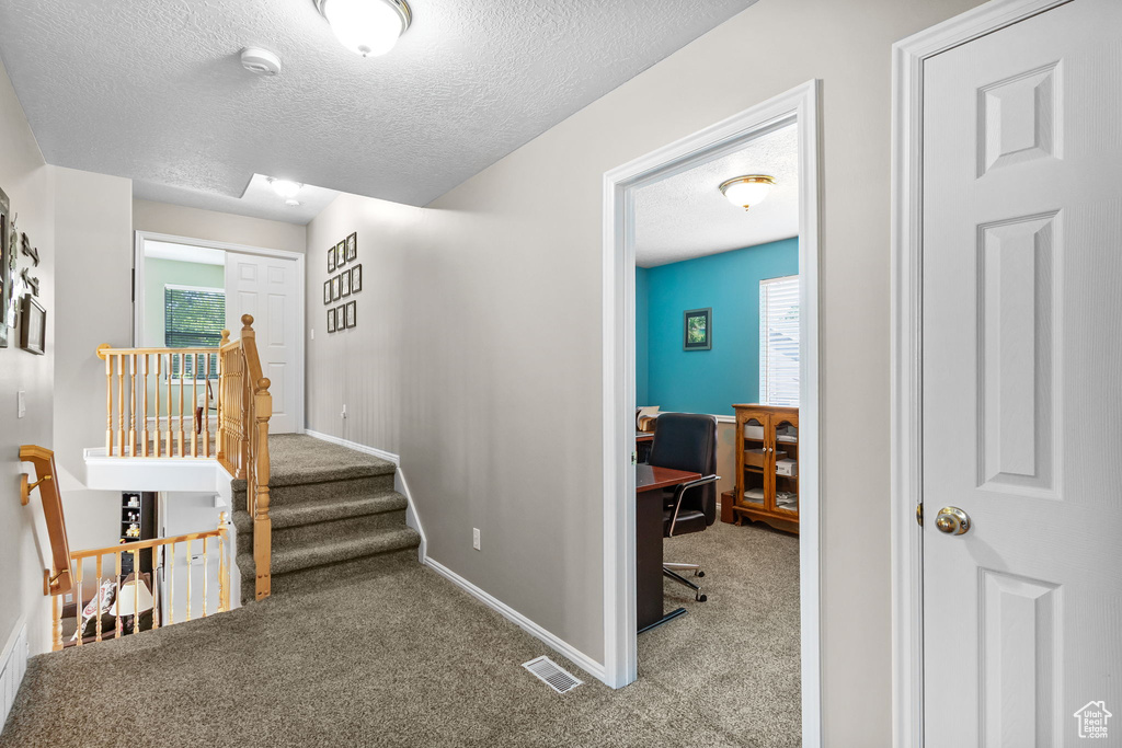 Stairway with carpet, a textured ceiling, and baseboards