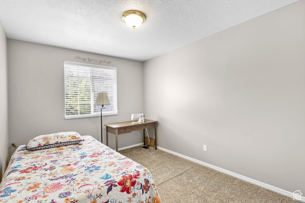 Carpeted bedroom with baseboards and a textured ceiling