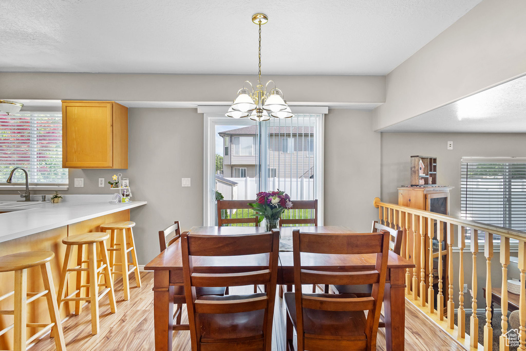 Dining room featuring light wood-style flooring, a chandelier, and plenty of natural light