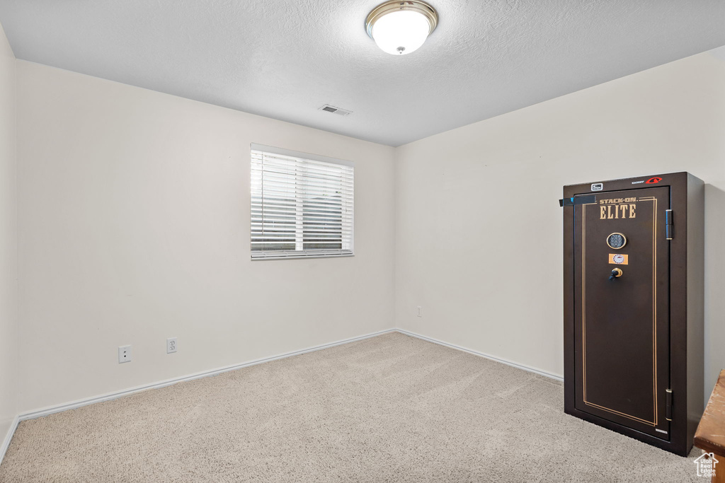 Empty room with carpet flooring, baseboards, and a textured ceiling