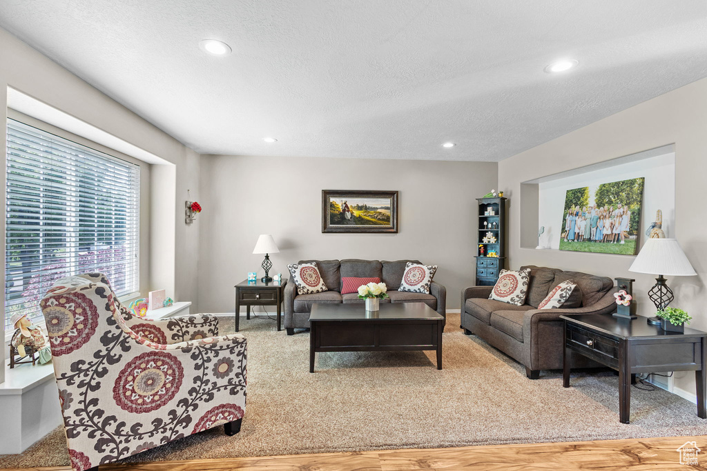 Living room with carpet, recessed lighting, a textured ceiling, and baseboards