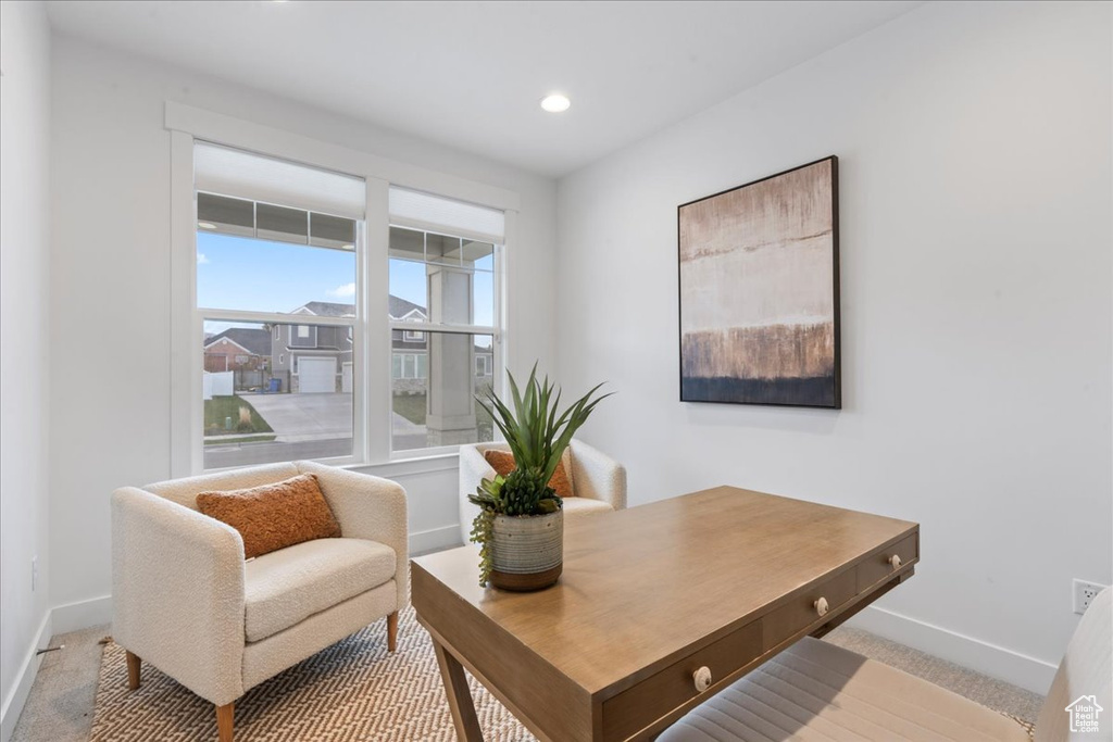 Home office featuring baseboards, carpet flooring, and recessed lighting
