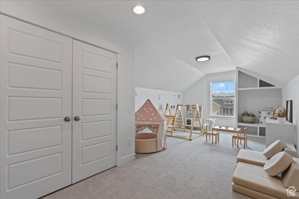 Living room featuring carpet, vaulted ceiling, and a textured ceiling