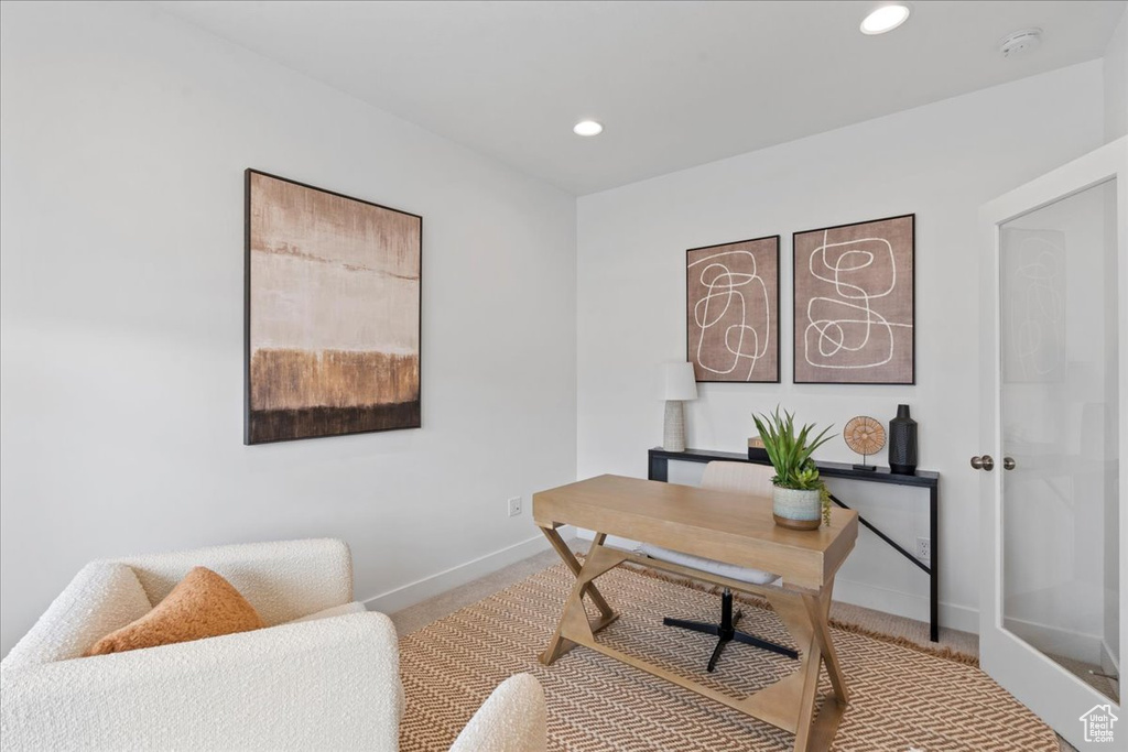 Office space with carpet flooring, recessed lighting, and baseboards