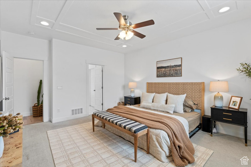 Bedroom with recessed lighting, ceiling fan, baseboards, and attic access