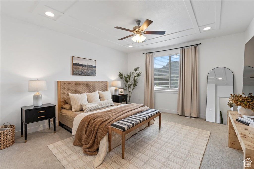 Bedroom featuring light carpet, recessed lighting, ceiling fan, and baseboards