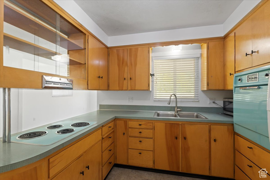 Kitchen featuring a sink, white electric stovetop, open shelves, wall oven, and stainless steel microwave